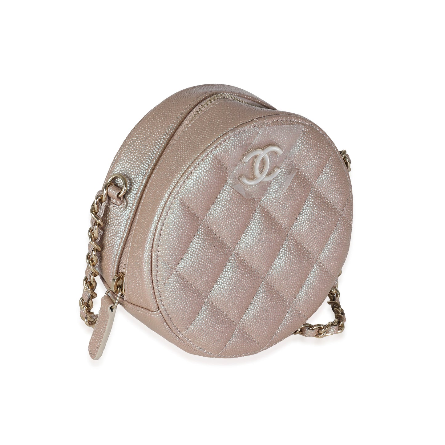 CHANEL Pink Iridescent Quilted Caviar Round Clutch With Chain
