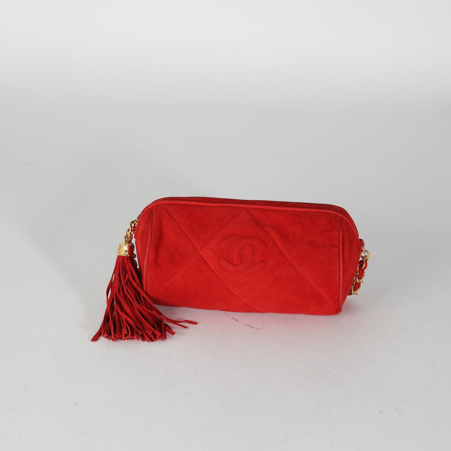 CHANEL Vintage Red Suede Diamond Stitch Tassel Barrel Clutch