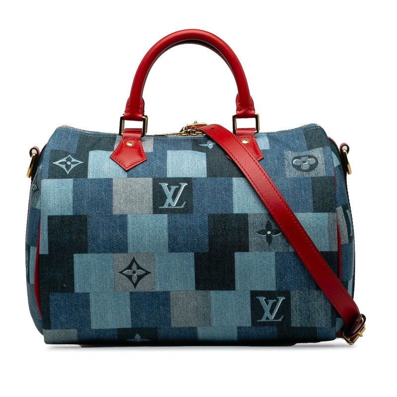 Louis Vuitton Monogram Denim Speedyy Bandouliere 30 Square Patchwork Handbag Shoulder Bag 2WAY M45041 Blue Red Denim Leather  Louis Vuitton
