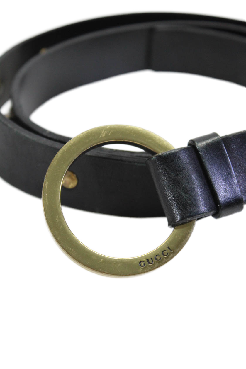 Gucci Womens Leather Gold Tone Studded Ring Belt Black