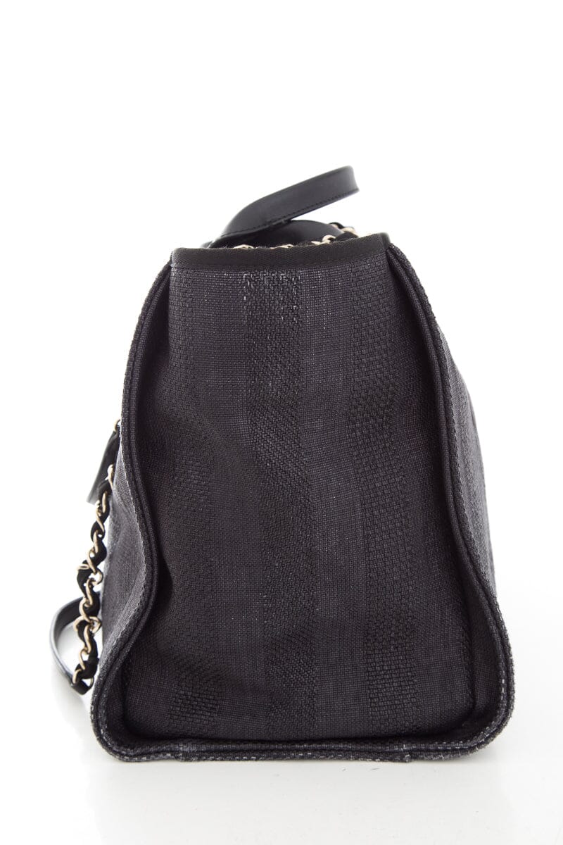 Luxury Chanel Chambray and Black Raffia Large Deauville Shopping Tote