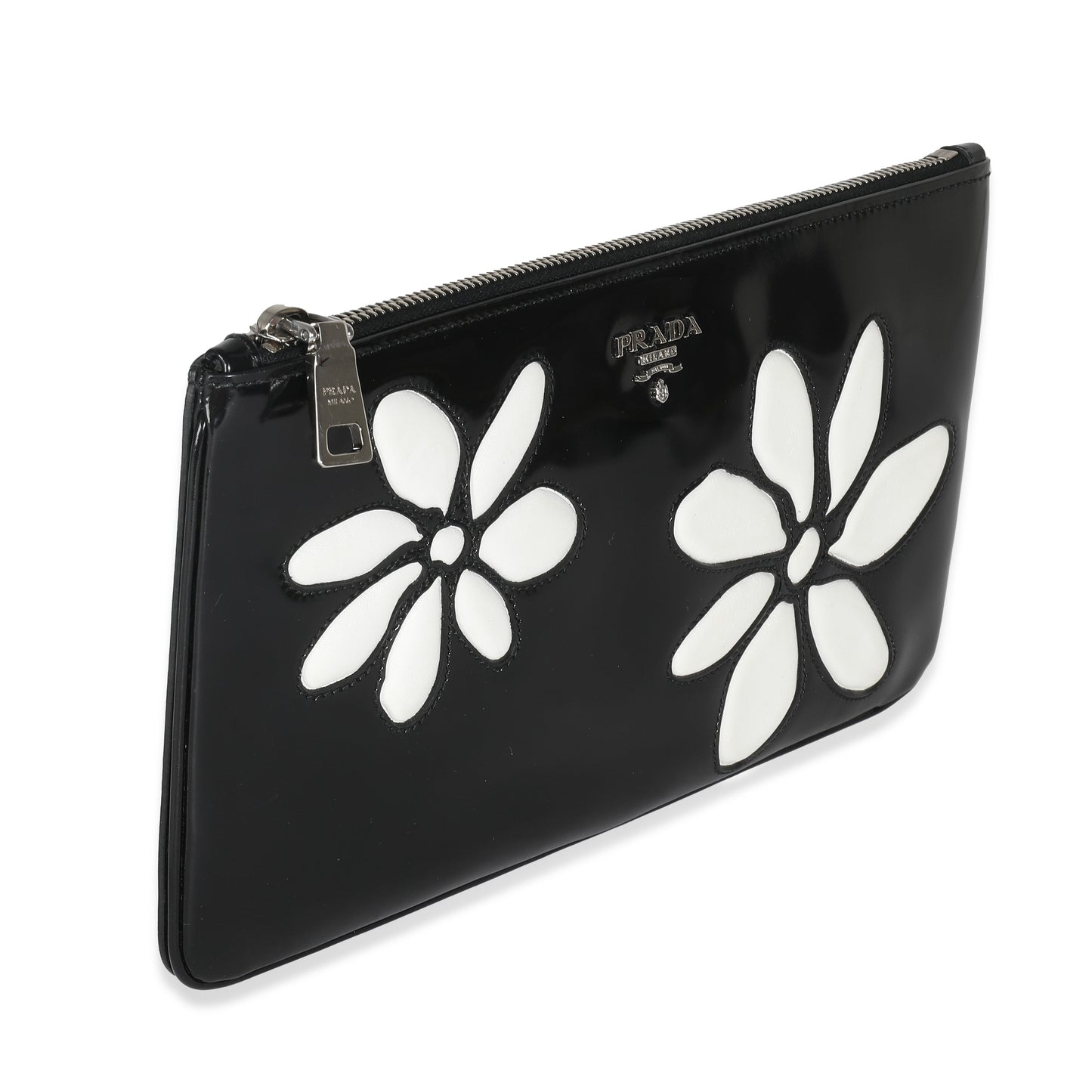 Luxury PradaBlack Spazzolato Flower Zip Pouch