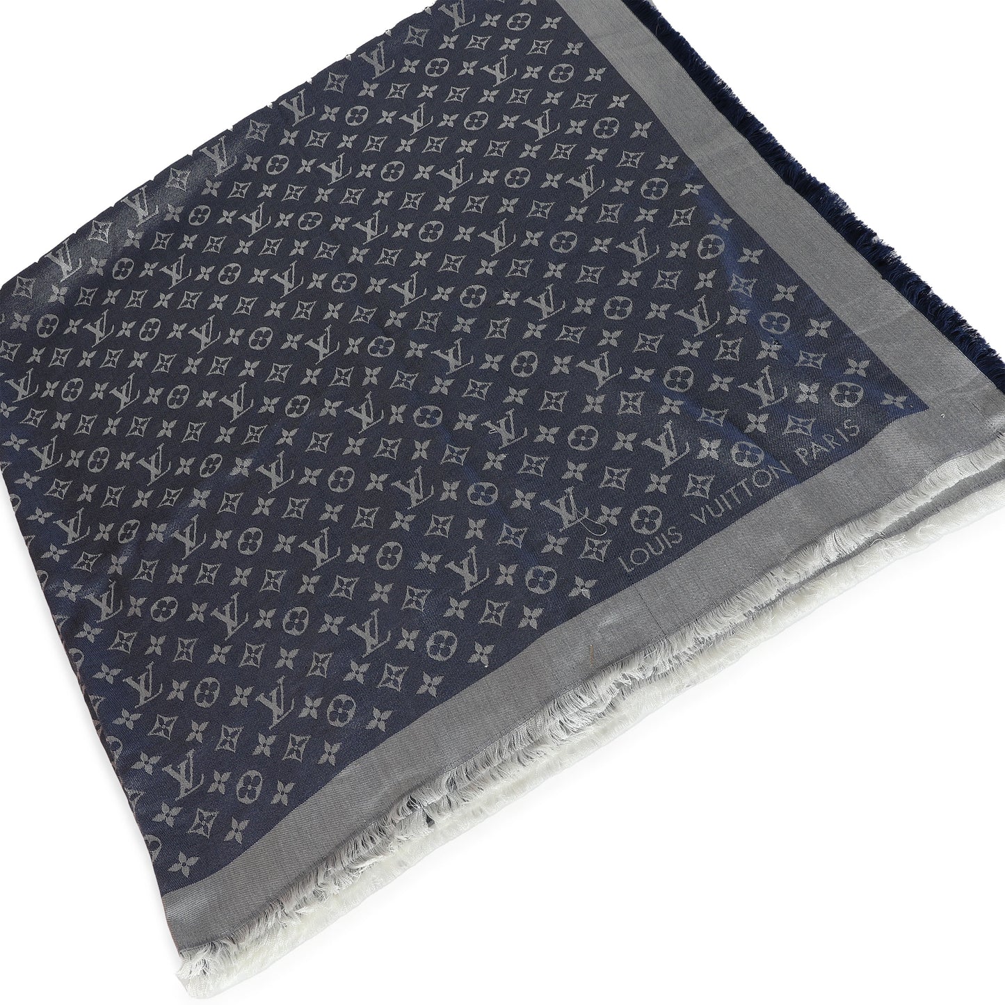 Louis Vuitton Blue Denim Silk Wool Monogram Shine Shawl