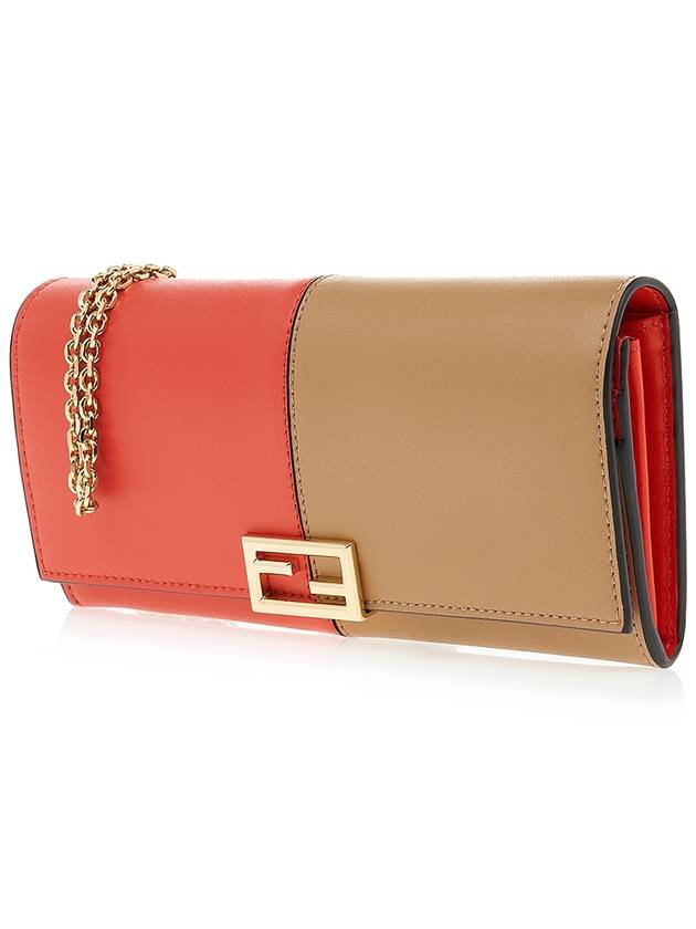 Luxury Fendi FF Continental Chain Leather Long Wallet Brown Red