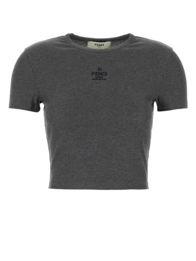 Luxury Fendi Embroidered Logo Crop Cotton Short Sleeve T-Shirt Grey