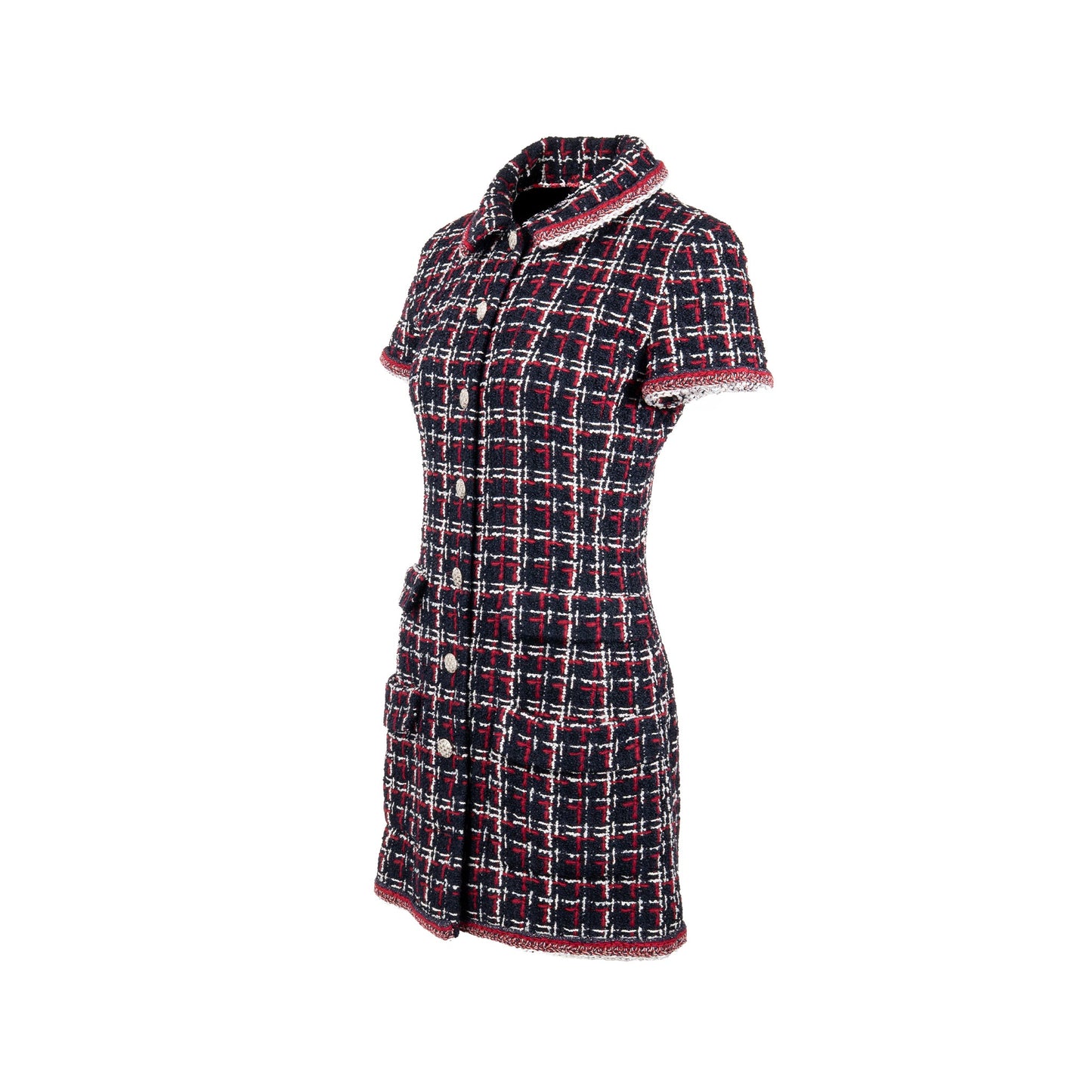 Chanel Size 36 Tweed Short-Sleeve Mini Dress Viscose Navy/ Multicolour