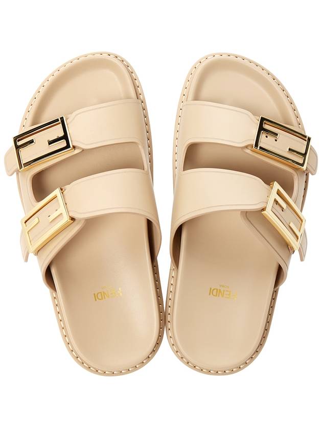 Luxury Fendi Women's FF Leather Fill Flat Sandals Slippers Beige