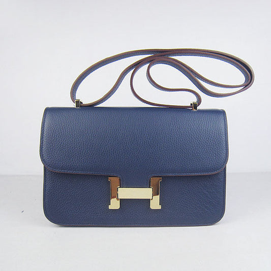 Luxury Hermes Calf Leather Message Bag H020 Dark Blue Golden