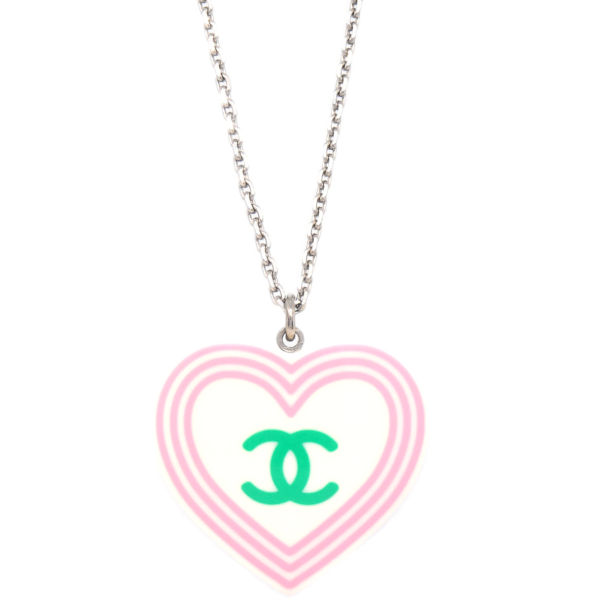 Chanel Heart Chain Necklace Pendant Silver 04C