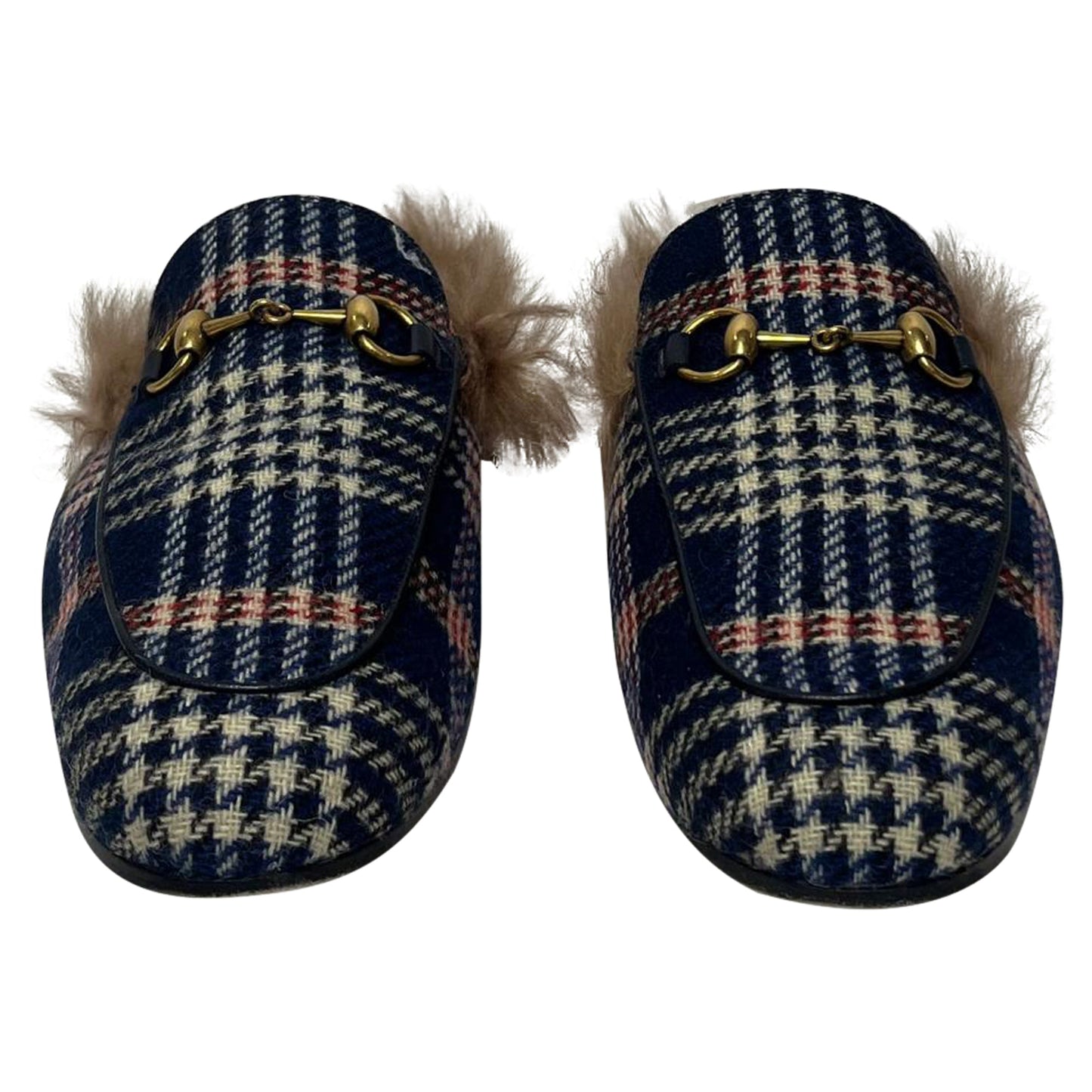 Gucci Princetown Plaid Fur Trim Mules in Blue Canvas
