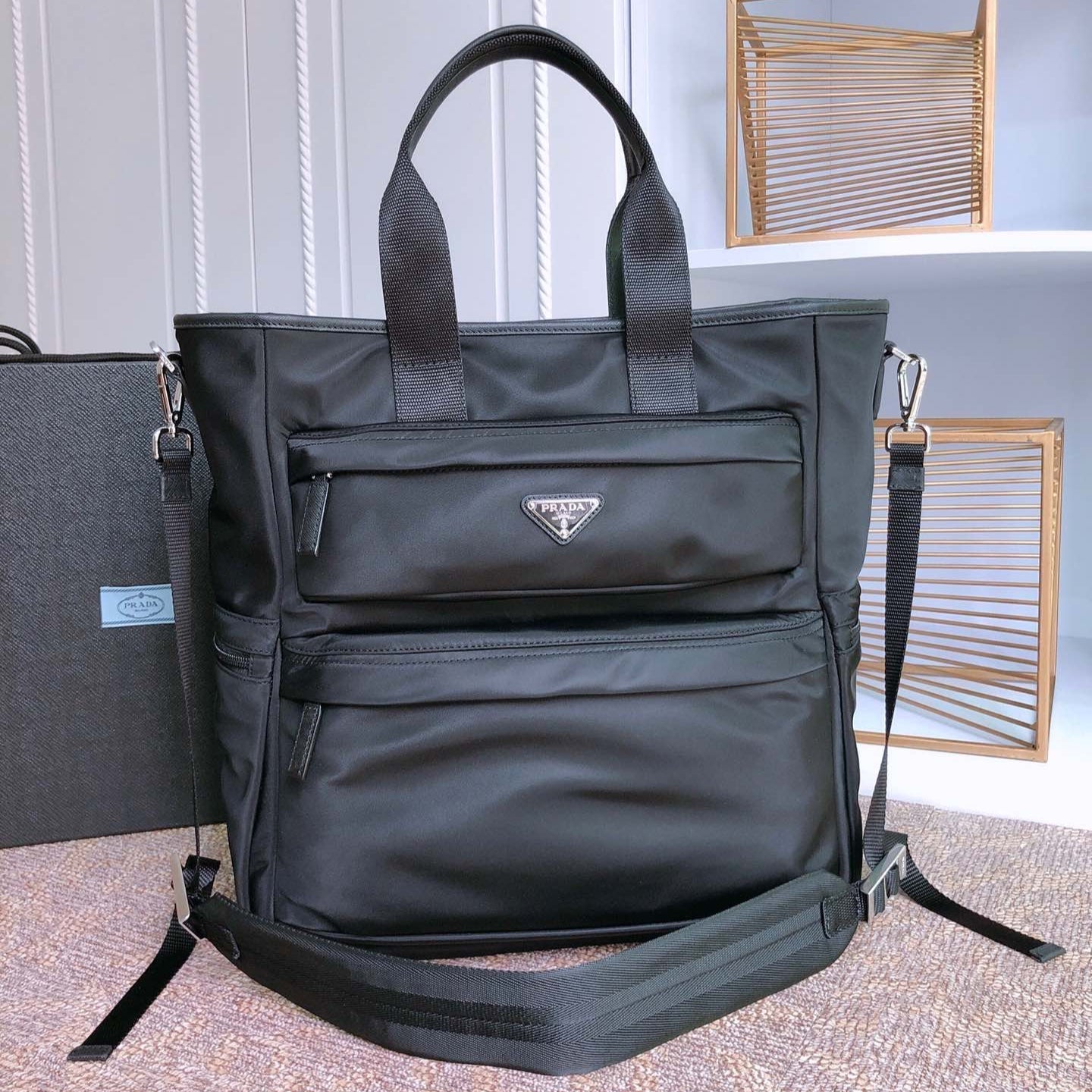 Luxury PradaTOTE BAG 38 IN BLACK RE-NYLON AND SAFFIANO LEATHER TRIM