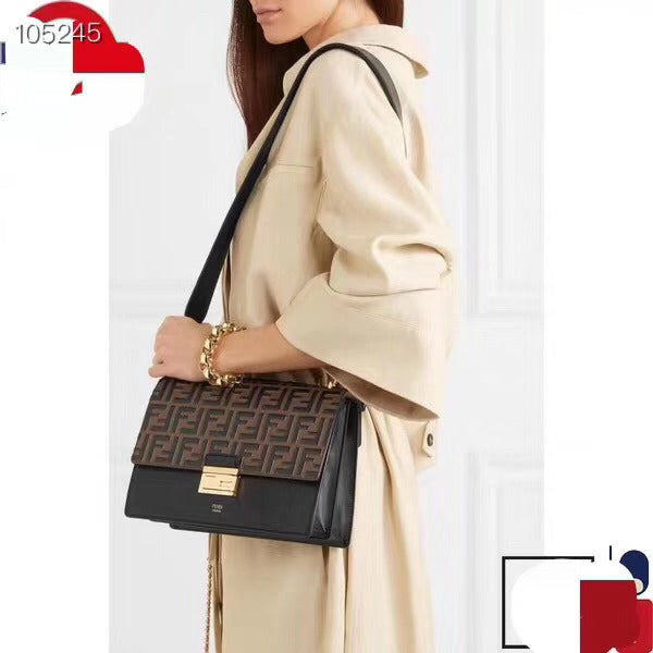 Luxury FendiLuxury FendiKANI 26 BAG IN BLACK MIX CHOCOLATE BROWN FFF CALFSKIN WITH GOLD HARDWARE