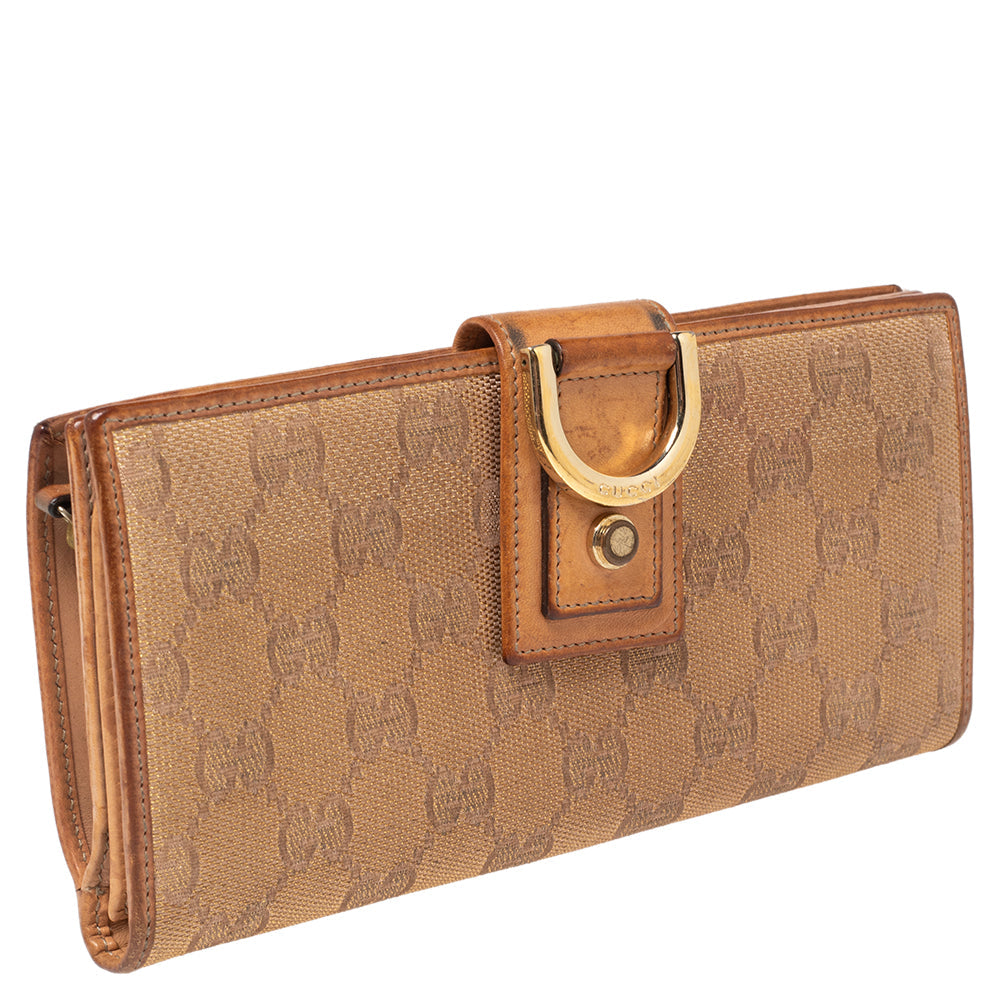 Luxury Gucci Trending 2025 Metallic Beige Gg Canvas And Leather D Ring Continental Wallet..