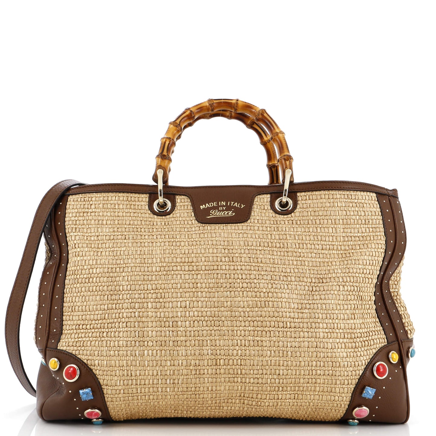 Luxury Gucci Trending 2025 Bamboo Shopper Tote Straw with Embellished Leather Large
