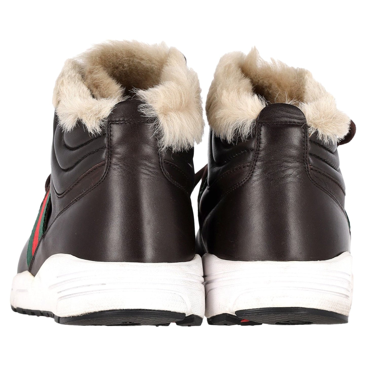 Gucci Web Detail Shearling Lined High Top Sneakers in Brown Leather