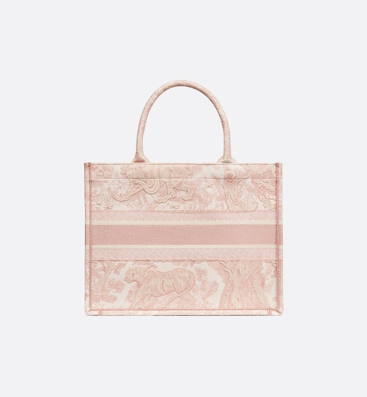 Medium Luxury Dior Book Tote Ecru and Pink Toile de Jouy Embroidery