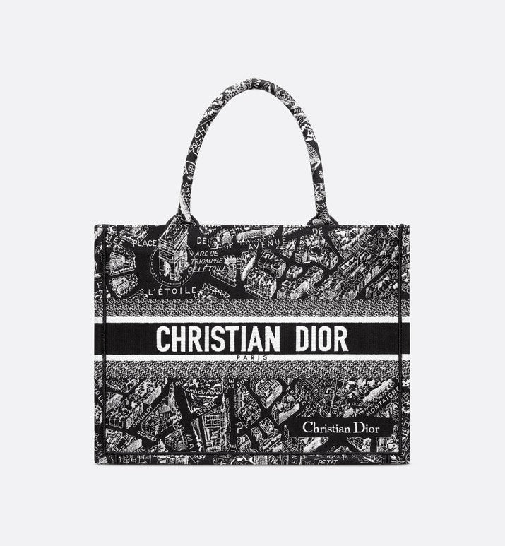 Medium Luxury Dior Book Tote Black and White Plan de Paris Embroidery