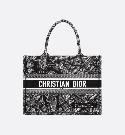 Medium Luxury Dior Book Tote Black and White Plan de Paris Embroidery