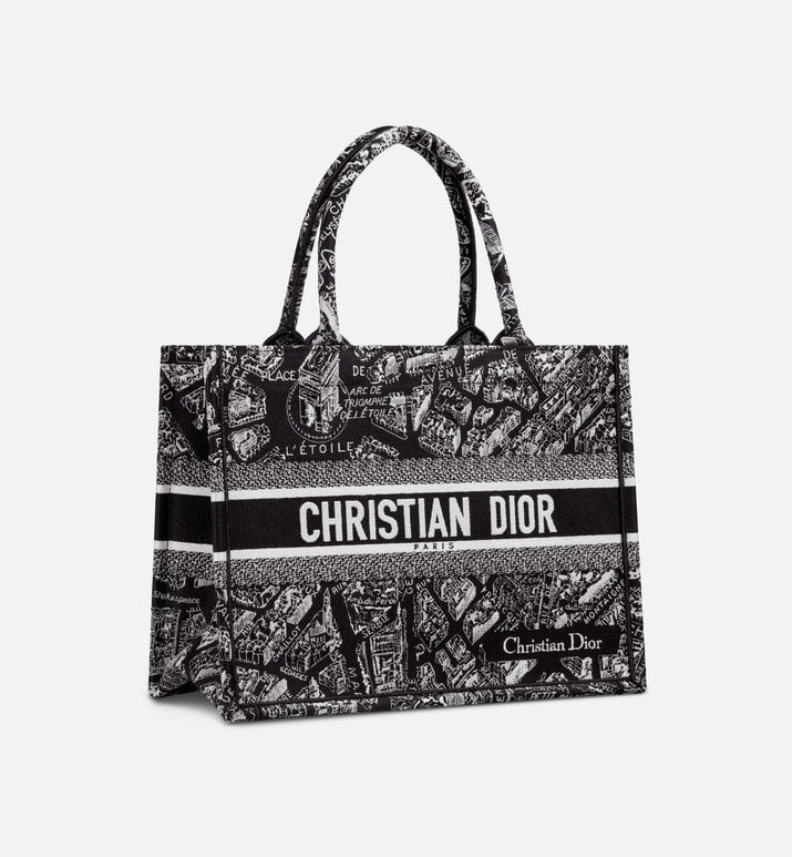Medium Luxury Dior Book Tote Black and White Plan de Paris Embroidery