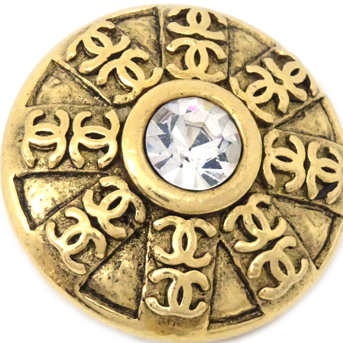 Luxury Chanel Button Rhinestone Earrings Clip-On Gold 23