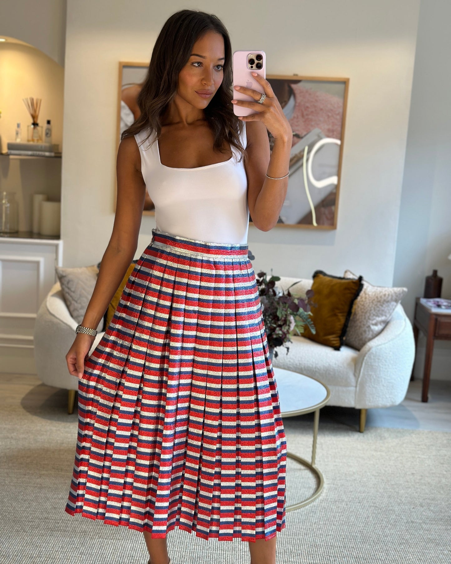 Luxury Gucci Metallic Red, Navy, Silver Stripe Pleated Midi Skirt Size IT 42 (UK 10)