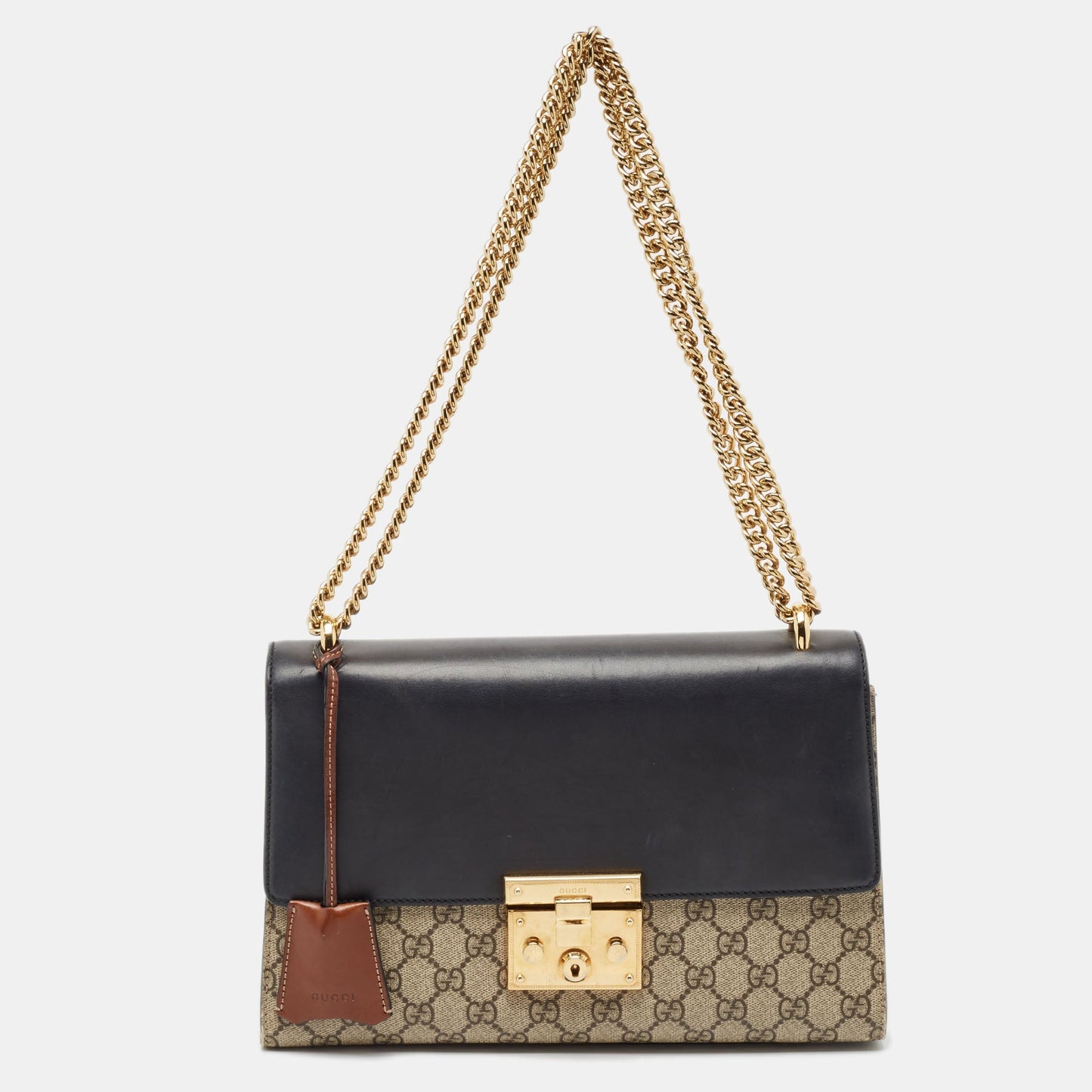 Luxury Gucci Trending 2025 Beige/black Gg Supreme Canvas And Leather Medium Padlock Shoulder Bag..