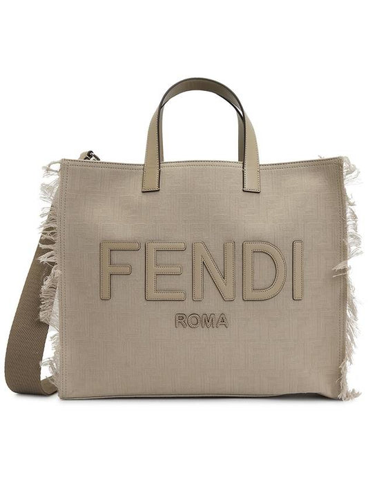 Luxury Fendi FF Fabric Tote Bag with Fringes Beige