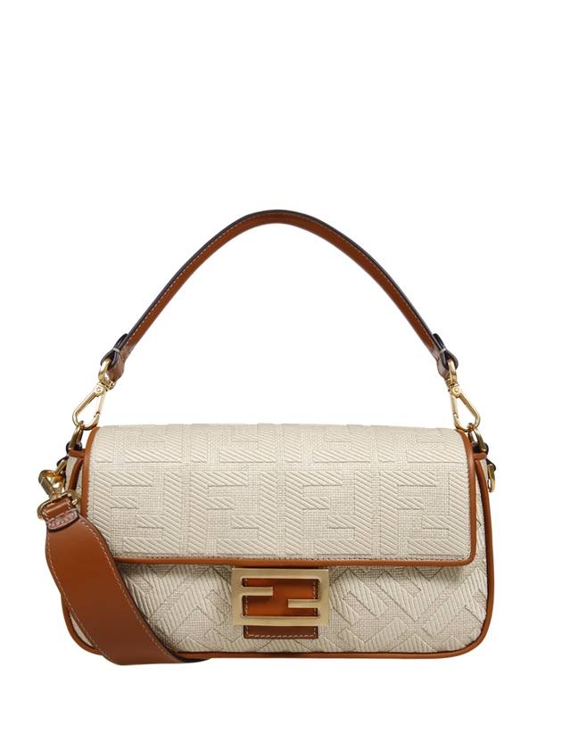 Luxury Fendi FF Logo Baguette Rafia Shoulder Bag Beige