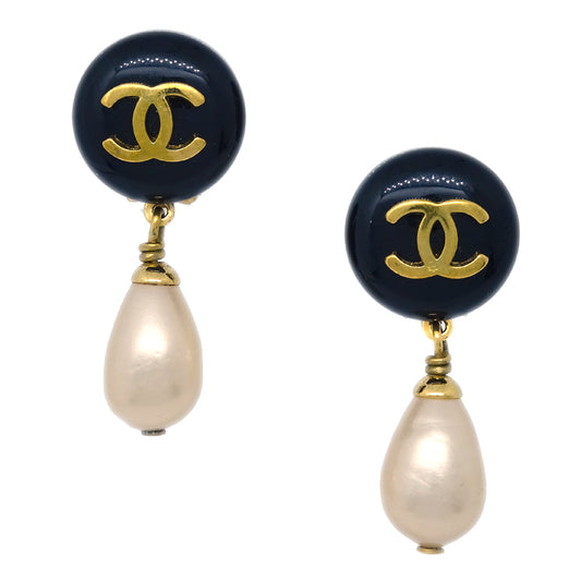 Chanel Artificial Pearl Dangle Earrings Clip-On Gold 95P