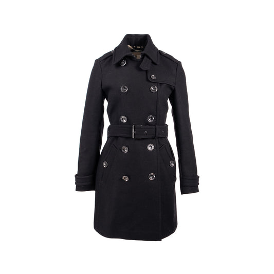 Burberry Size UK 10 Double Breasted Belted-Waist Coat Virgin Wool Black