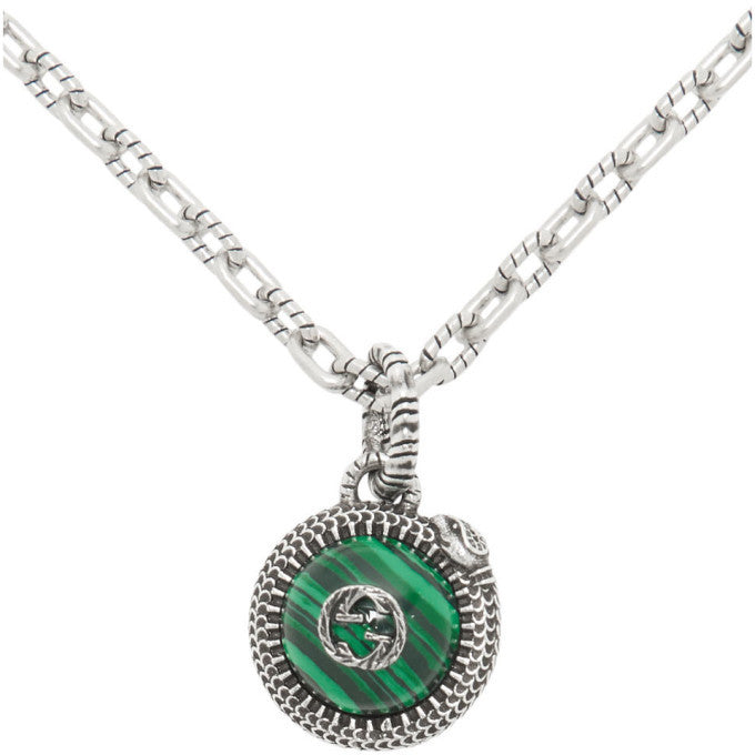 Luxury Gucci STERLING SILVER NEW DOUBLE G LOGO SERPENT MALACHITE PENDANT NECKLACE