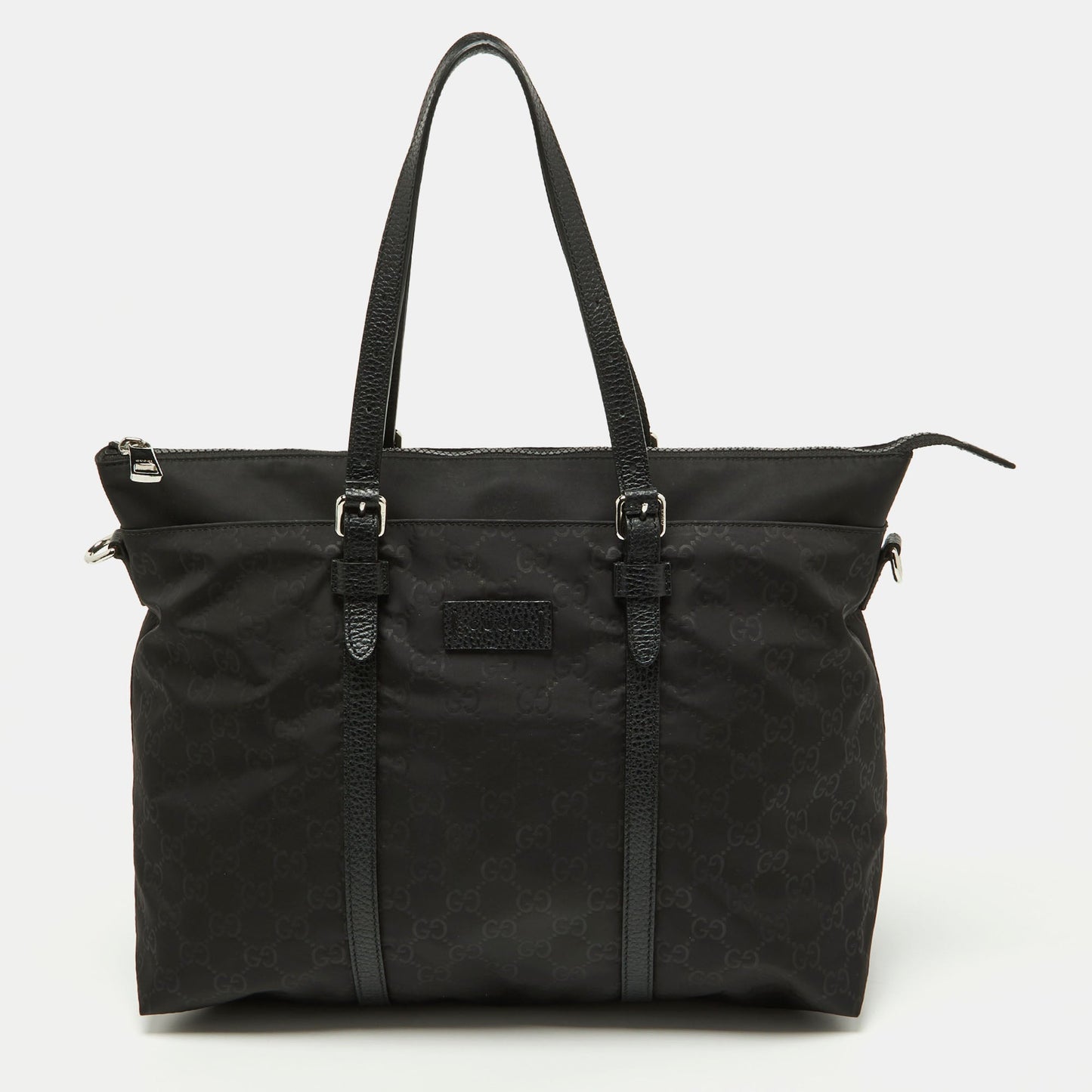Luxury Gucci Trending 2025 Black GG Nylon and Leather Top Zip Tote