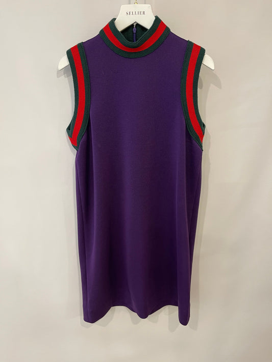 Luxury Gucci Purple Mini Sleeveless Dress with Green and Red Wool Trim Detail Size XS ( UK 6)