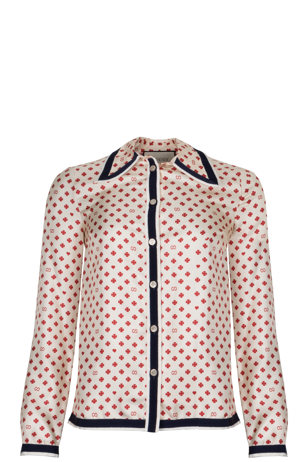 Luxury Gucci Trending 2025 Shamrock Print Silk Shirt Ivory Red