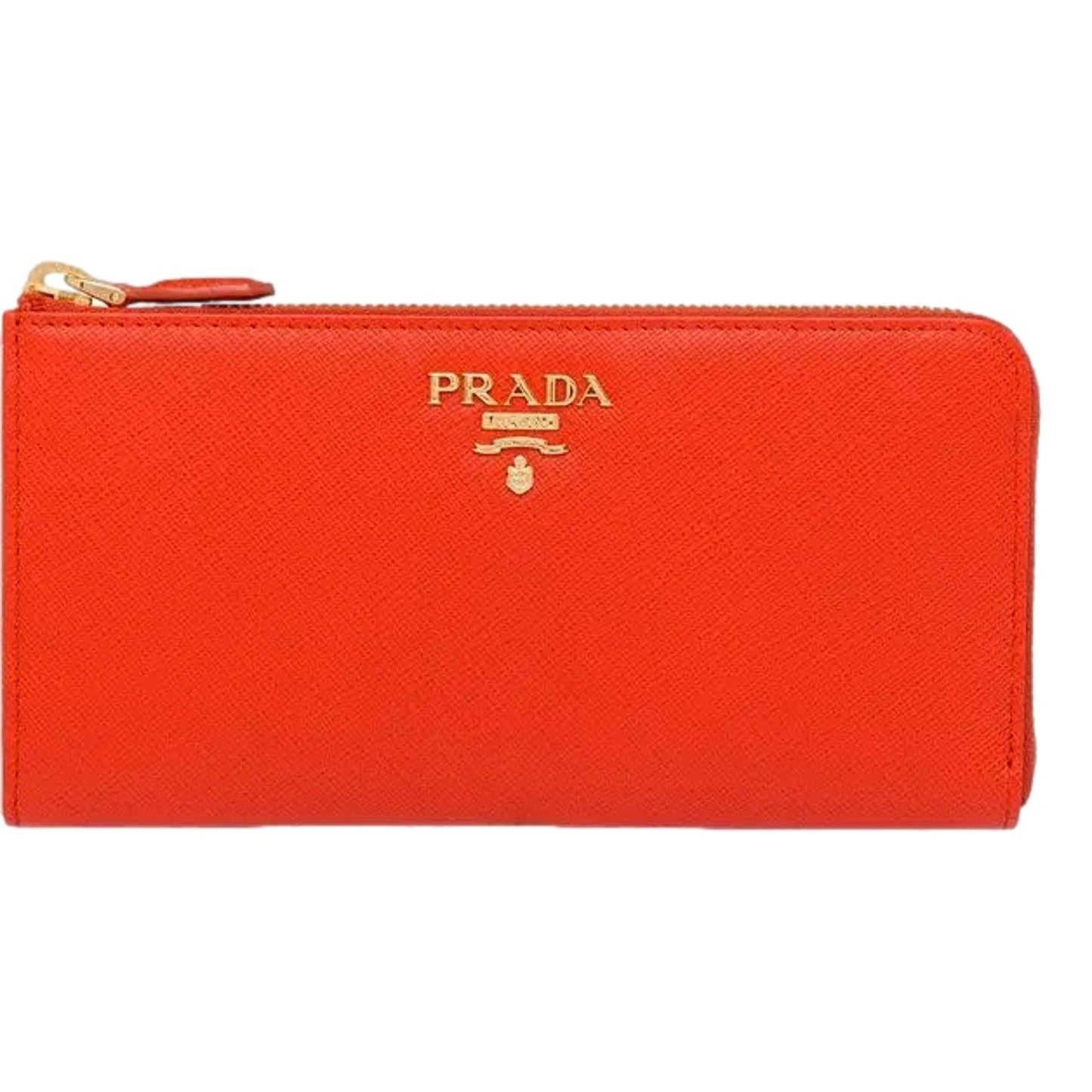 Luxury PradaSaffiano Long Continental Zip Wallet Orange Leather Gold Logo