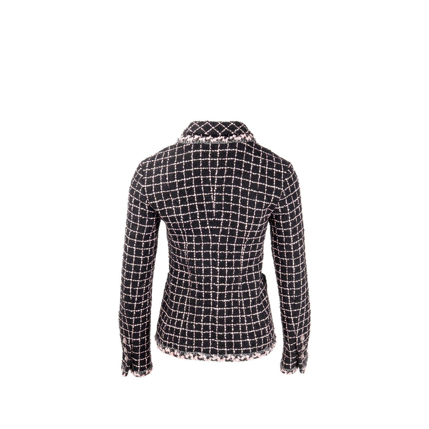 Chanel Size 36 Camellia Detailed Button Tweed Jacket Wool/Polyamide Black/Pink