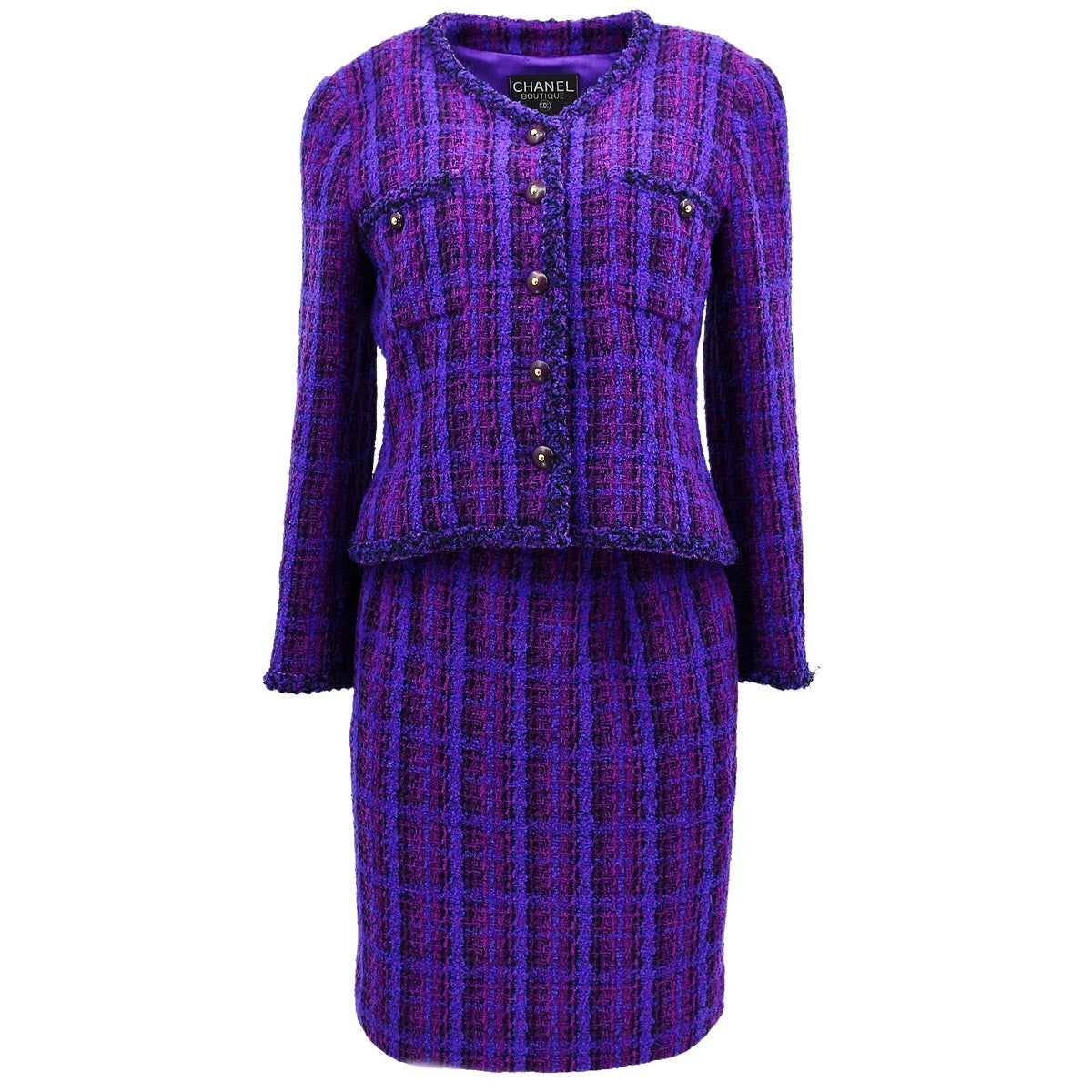 Luxury Chanel Setup Suit Jacket Skirt Purple 95A #40