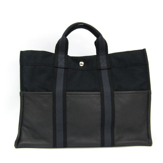 Luxury Hermes Black Canvas Gray Leather Fourre Tout MM Tote (SHA11473)