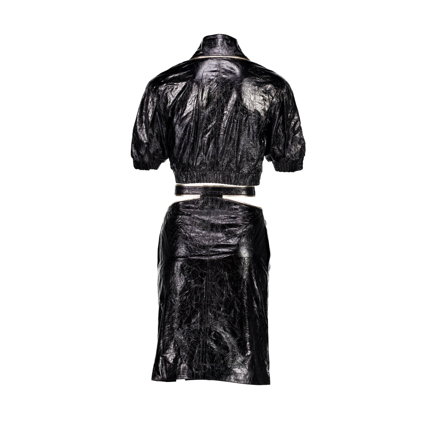 Chanel 22S Size 34 Blouson and Skirt Suit Leather/Cotton/Silk Black/Gold