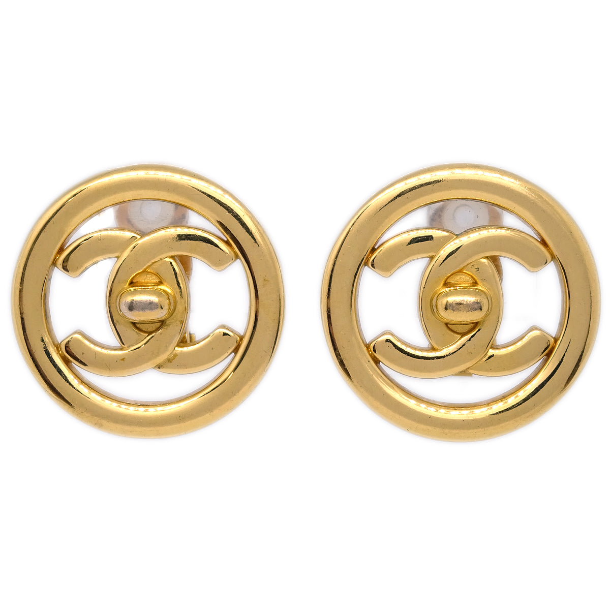 Luxury Chanel Turnlock Button Earrings Gold Clip-On 97P