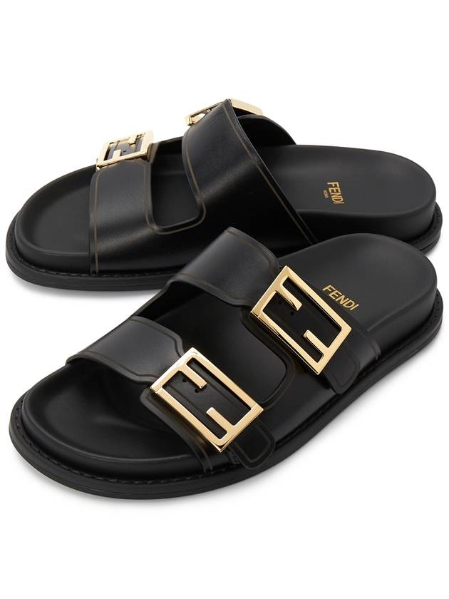 Luxury Fendi Women's FF Leather Fill Flat Sandals Slippers Black