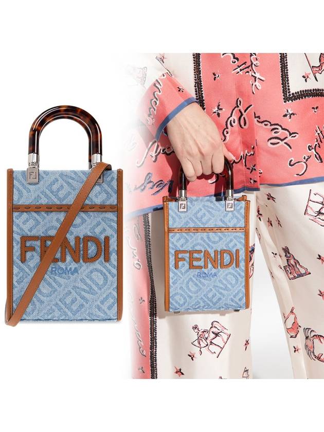 Luxury Fendi Mini Sunshine Denim Shopper Bag Blue