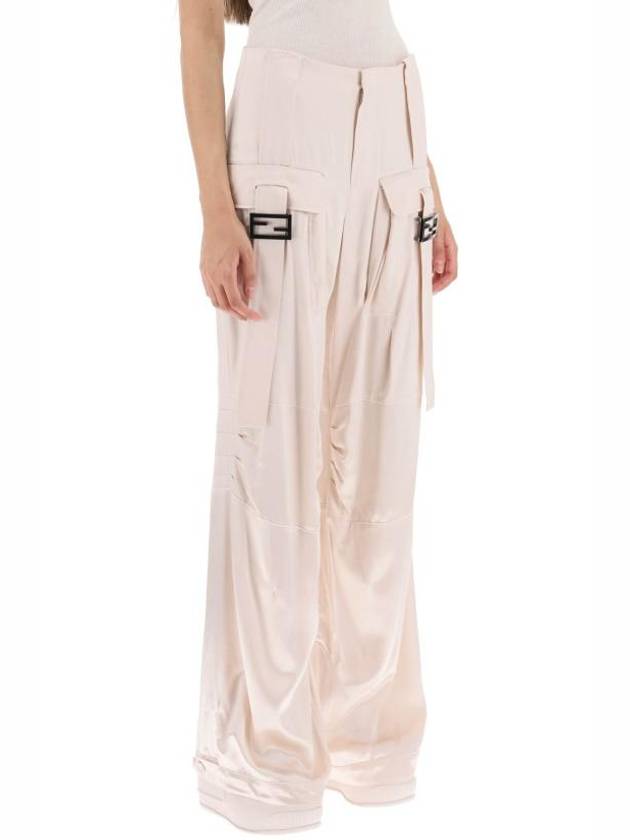 Luxury Fendi Women's Viscose Shiny Cargo Straight Pants Beige