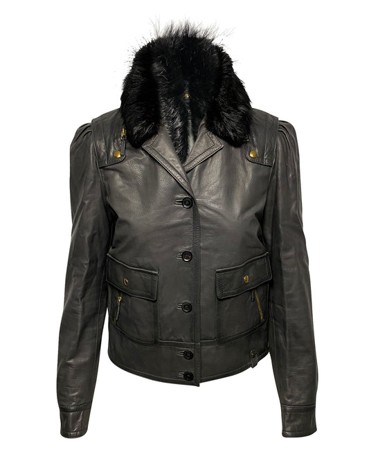 Luxury Gucci Trending 2025 Jacket with Fur Collar Detail in Black Leather