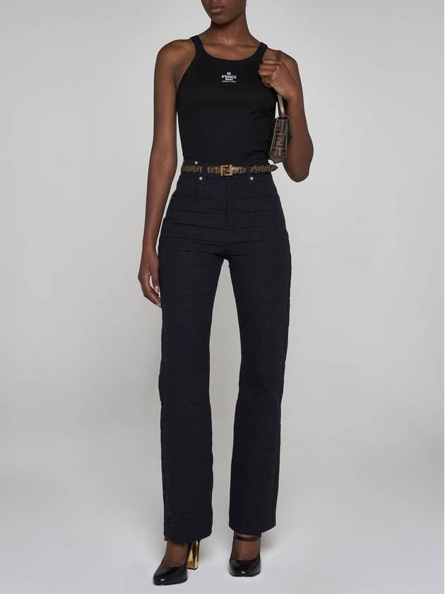 Luxury Fendi Jacquard Logo Monogram Cotton Straight Pants Dark Blue