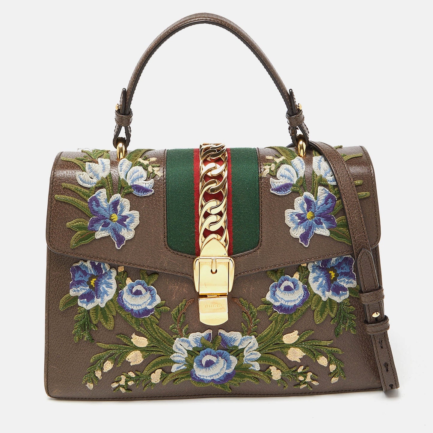Luxury Gucci Trending 2025 Brown Floral Embroidered Leather Medium Sylvie Top Handle Bag