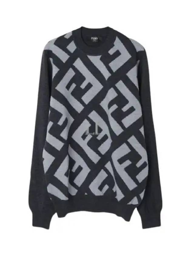 Luxury Fendi Monogram Jacquard Wool Crewneck Knit Top Grey
