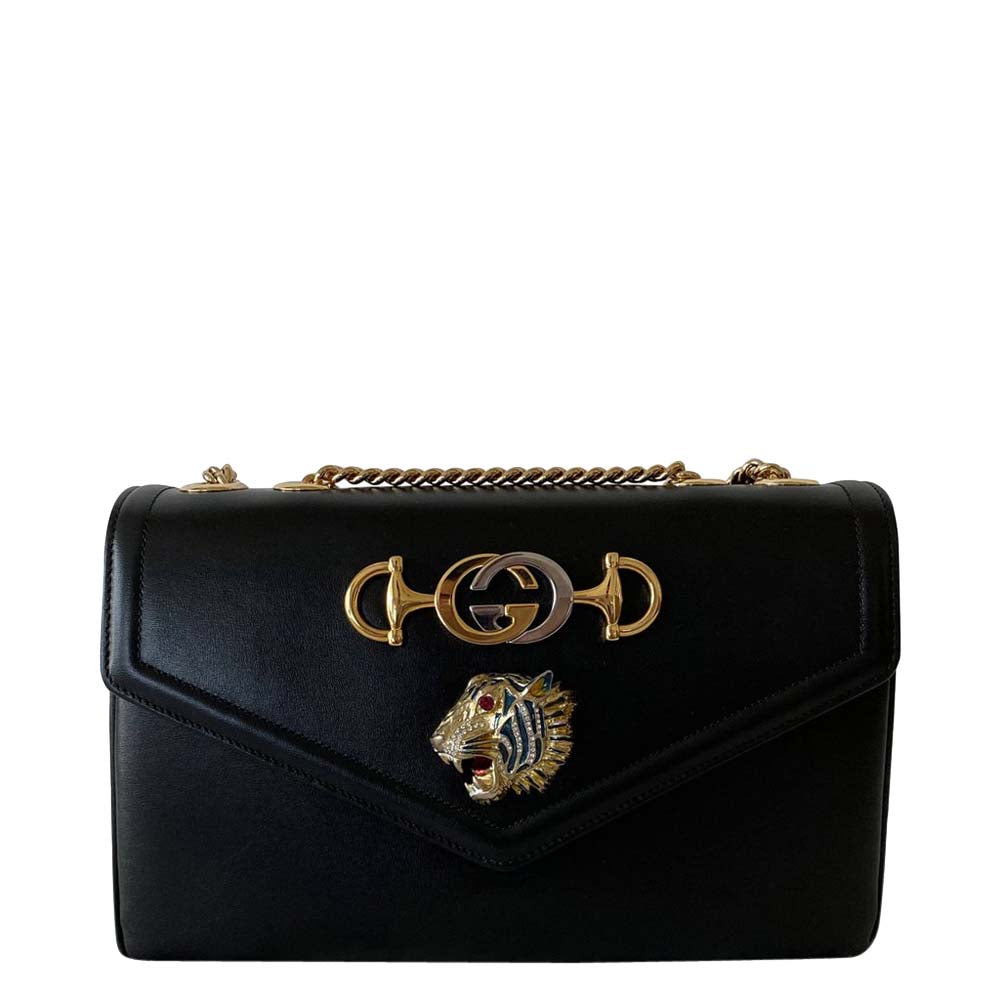 Luxury Gucci Trending 2025 Black Leather Rajah Tiger Head Medium Shoulder Bag