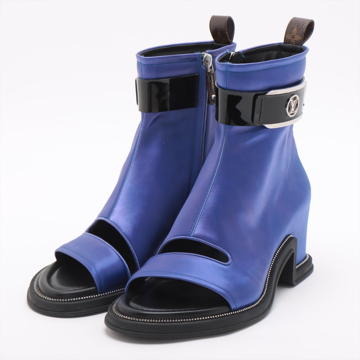Louis Vuitton Moonlight Line 22 Years Saten x Leather Short Boots 38  Blue x Black NL0212