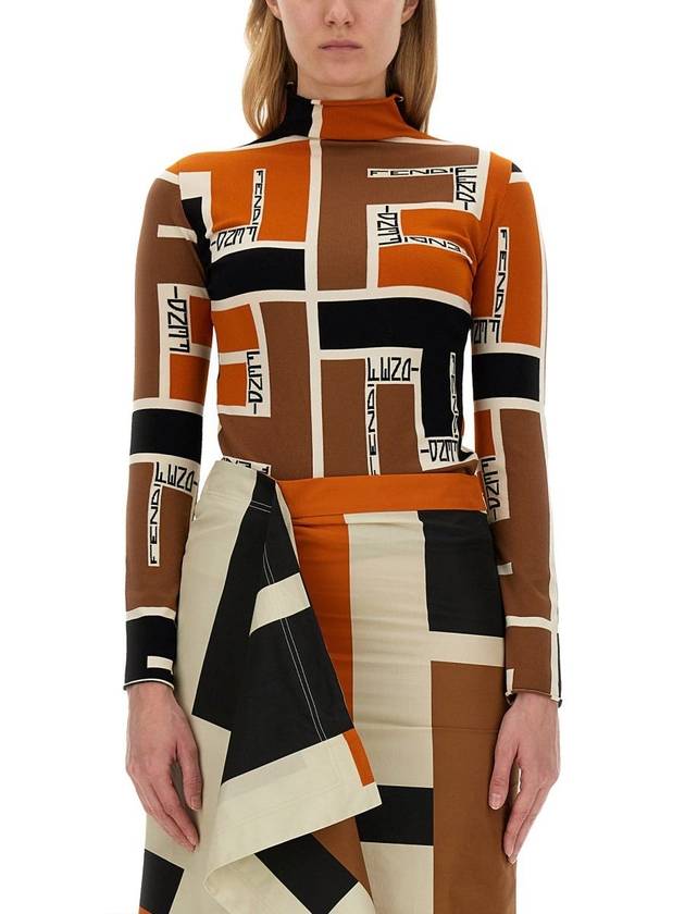 Luxury Fendi FF Puzzle Print High Neck Knit Top
